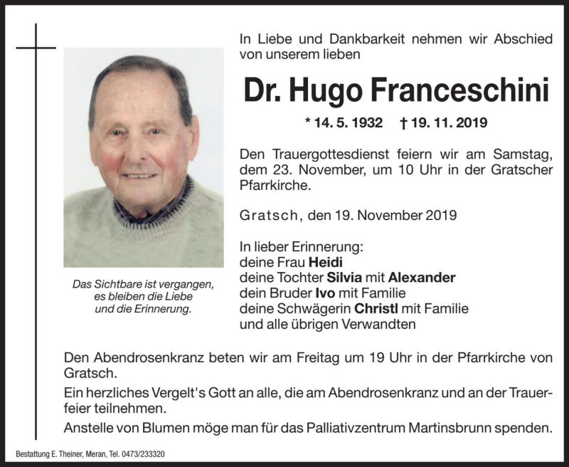  Traueranzeige für Hugo Franceschini vom 20.11.2019 aus Dolomiten