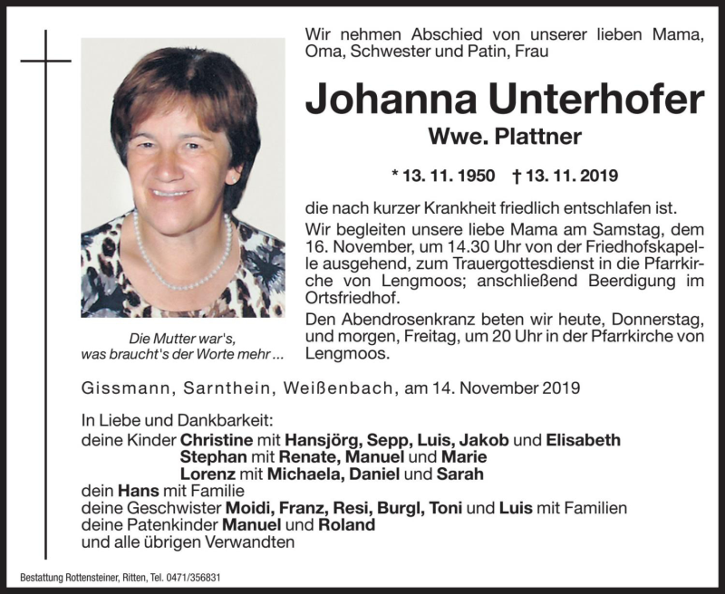  Traueranzeige für Johanna Plattner vom 14.11.2019 aus Dolomiten