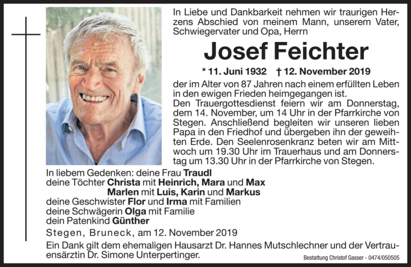  Traueranzeige für Josef Feichter vom 13.11.2019 aus Dolomiten
