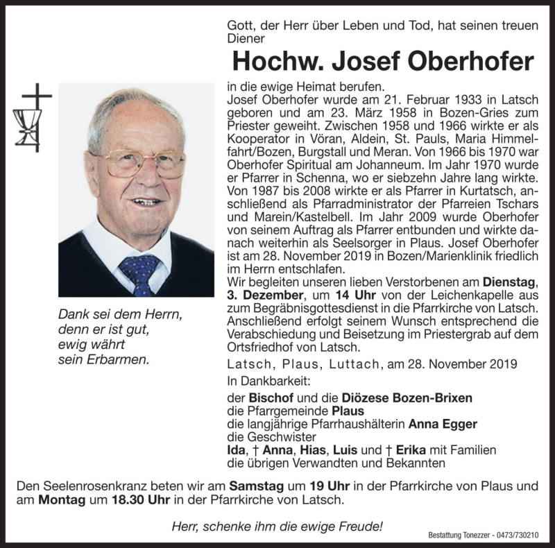  Traueranzeige für Josef Oberhofer vom 29.11.2019 aus Dolomiten