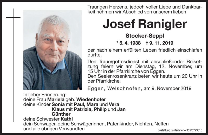  Traueranzeige für Josef Ranigler vom 11.11.2019 aus Dolomiten