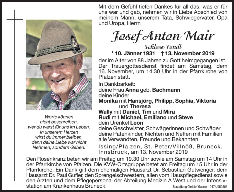  Traueranzeige für Josef Anton Mair vom 15.11.2019 aus Dolomiten