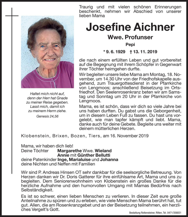  Traueranzeige für Josefine Profunser vom 16.11.2019 aus Dolomiten