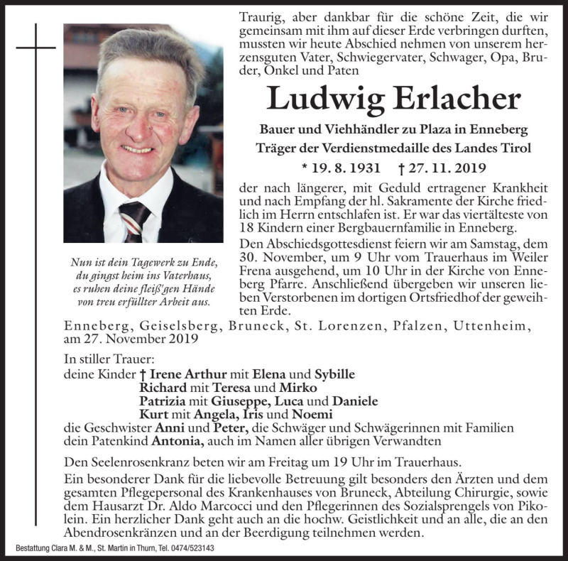  Traueranzeige für Ludwig Erlacher vom 29.11.2019 aus Dolomiten