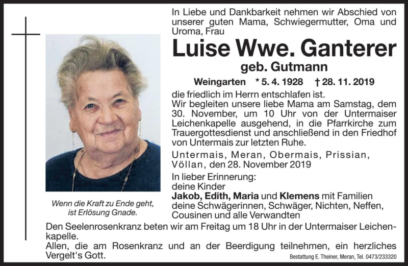  Traueranzeige für Luise Ganterer vom 29.11.2019 aus Dolomiten