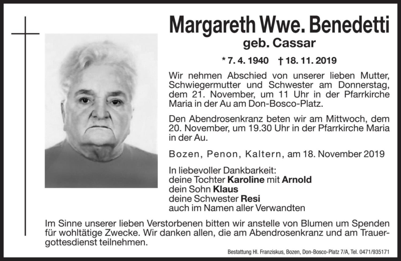  Traueranzeige für Margareth Benedetti vom 19.11.2019 aus Dolomiten