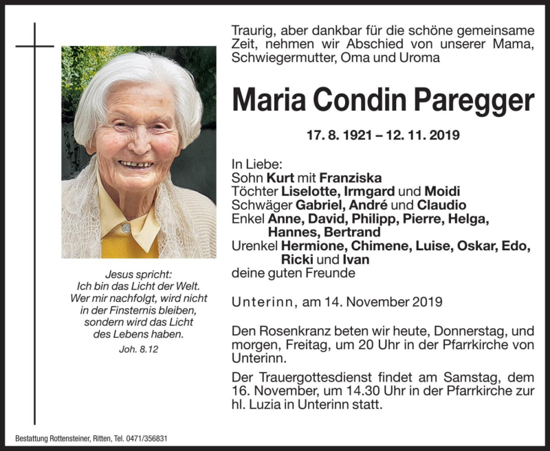  Traueranzeige für Maria Paregger vom 14.11.2019 aus Dolomiten