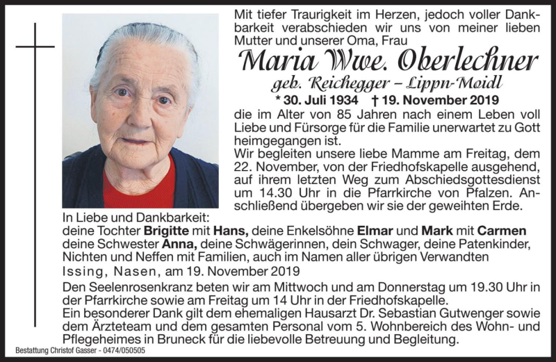  Traueranzeige für Maria Oberlechner vom 20.11.2019 aus Dolomiten