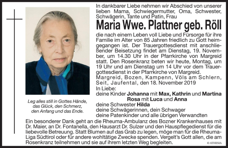  Traueranzeige für Maria Plattner vom 18.11.2019 aus Dolomiten