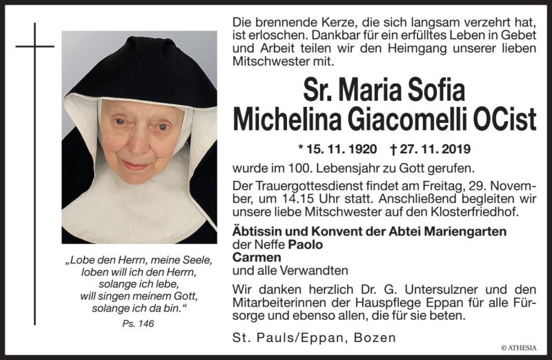  Traueranzeige für Michelina Giacomelli vom 29.11.2019 aus Dolomiten
