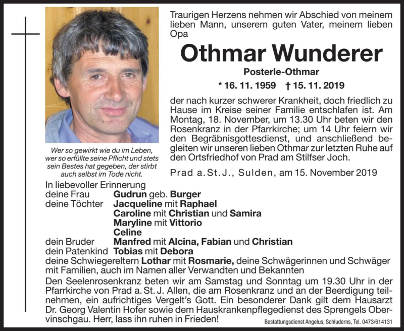  Traueranzeige für Othmar Wunderer vom 16.11.2019 aus Dolomiten