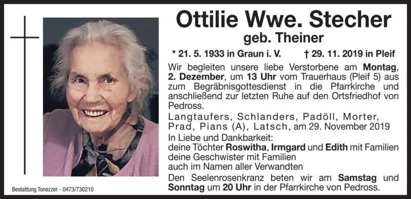  Traueranzeige für Ottilie Stecher vom 30.11.2019 aus Dolomiten