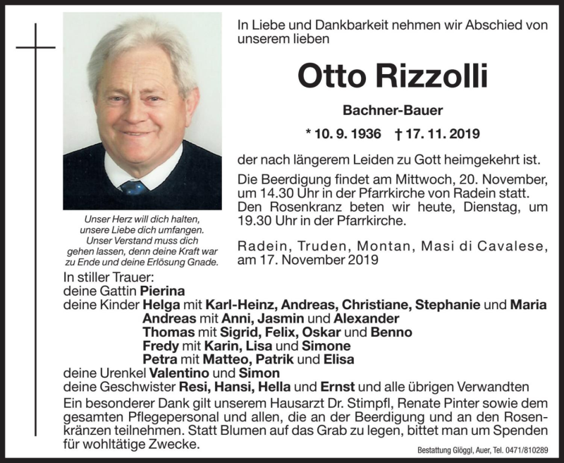  Traueranzeige für Otto Rizzolli vom 19.11.2019 aus Dolomiten