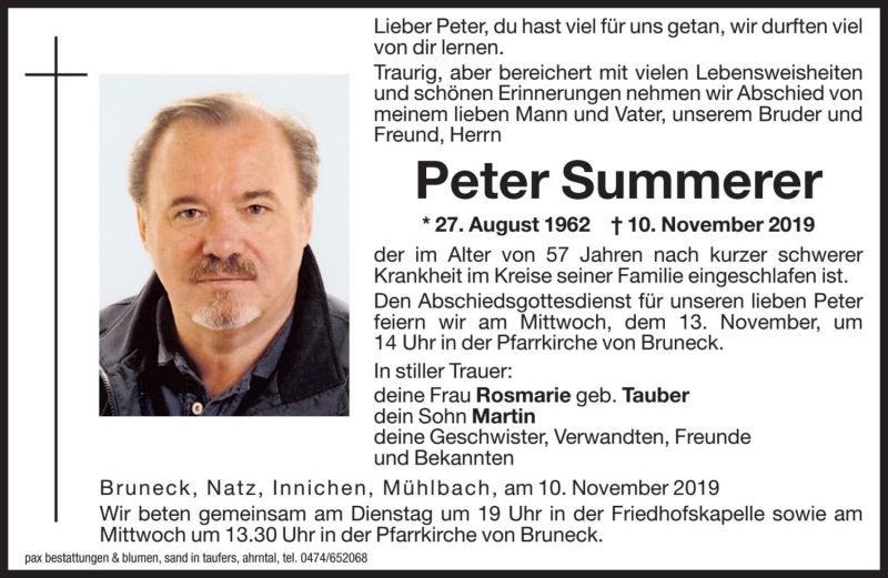  Traueranzeige für Peter Summerer vom 12.11.2019 aus Dolomiten