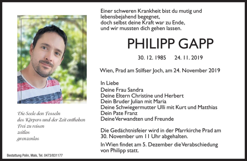  Traueranzeige für Philipp Gapp vom 29.11.2019 aus Dolomiten