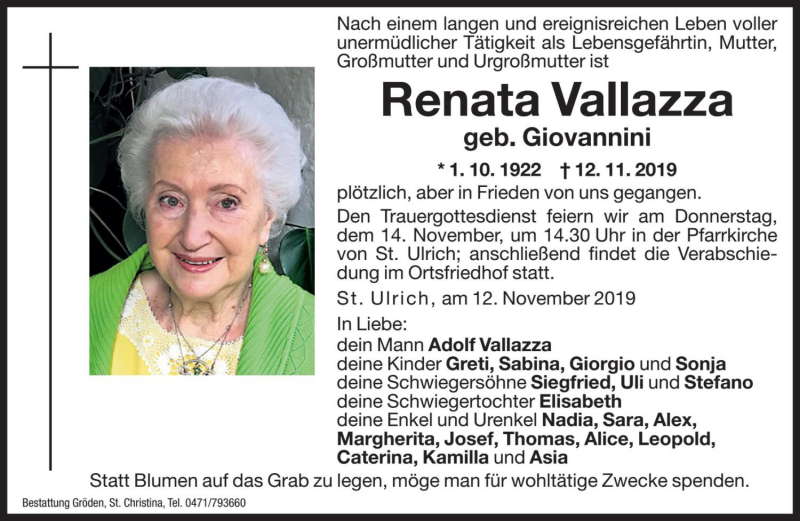  Traueranzeige für Renata Vallazza vom 13.11.2019 aus Dolomiten