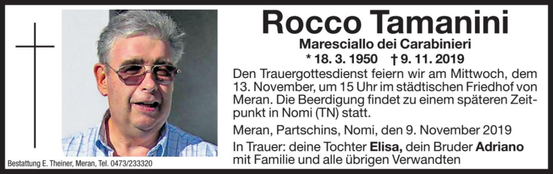  Traueranzeige für Rocco Tamanini vom 12.11.2019 aus Dolomiten