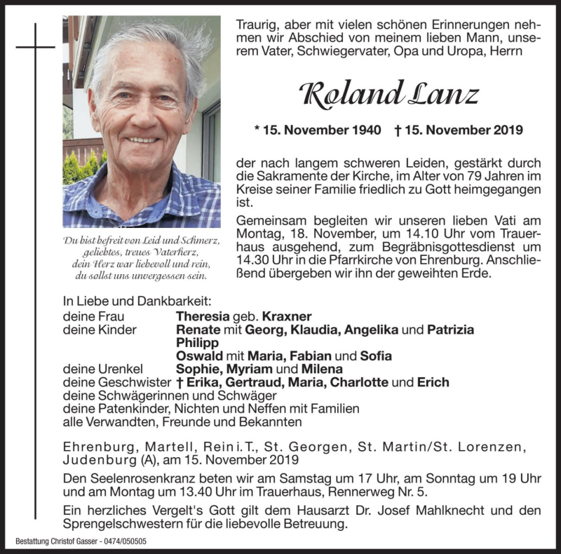  Traueranzeige für Roland Lanz vom 16.11.2019 aus Dolomiten