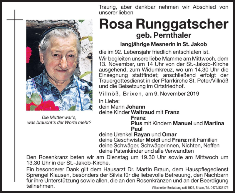  Traueranzeige für Rosa Runggatscher vom 11.11.2019 aus Dolomiten