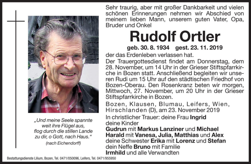  Traueranzeige für Rudolf Ortler vom 26.11.2019 aus Dolomiten