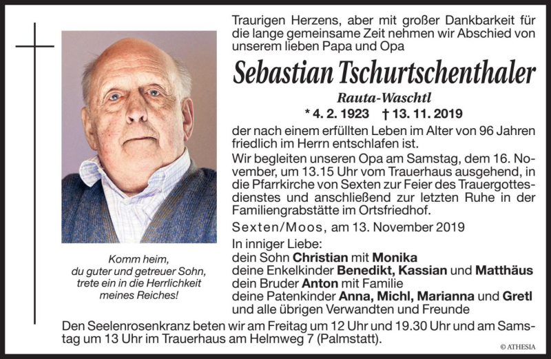  Traueranzeige für Sebastian Tschurtschenthaler vom 15.11.2019 aus Dolomiten