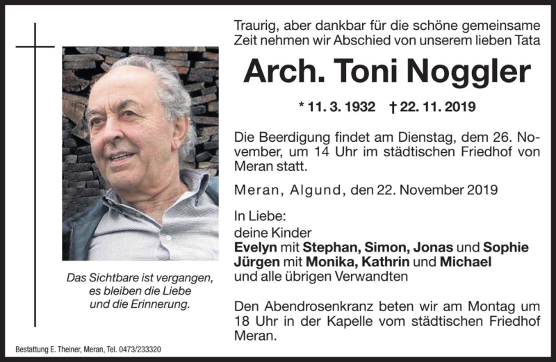  Traueranzeige für Toni Noggler vom 25.11.2019 aus Dolomiten