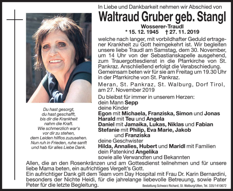 Traueranzeige für Waltraud Gruber vom 29.11.2019 aus Dolomiten