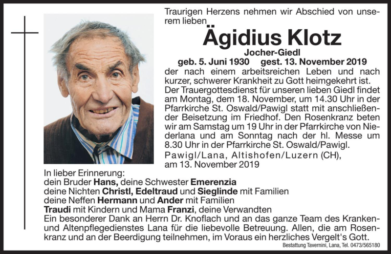  Traueranzeige für Ägidius Klotz vom 15.11.2019 aus Dolomiten