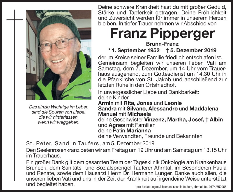  Traueranzeige für Franz Pipperger vom 06.12.2019 aus Dolomiten