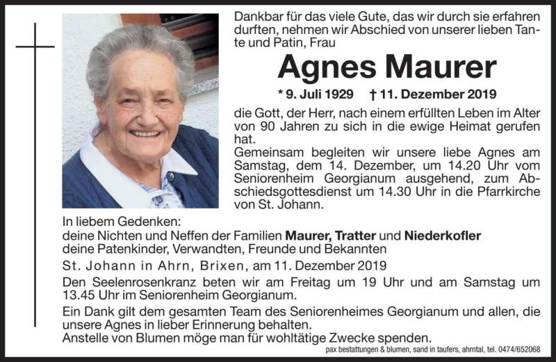  Traueranzeige für Agnes Maurer vom 13.12.2019 aus Dolomiten