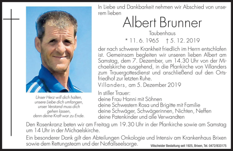  Traueranzeige für Albert Brunner vom 06.12.2019 aus Dolomiten