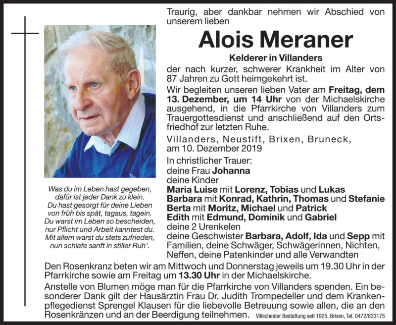  Traueranzeige für Alois Meraner vom 12.12.2019 aus Dolomiten