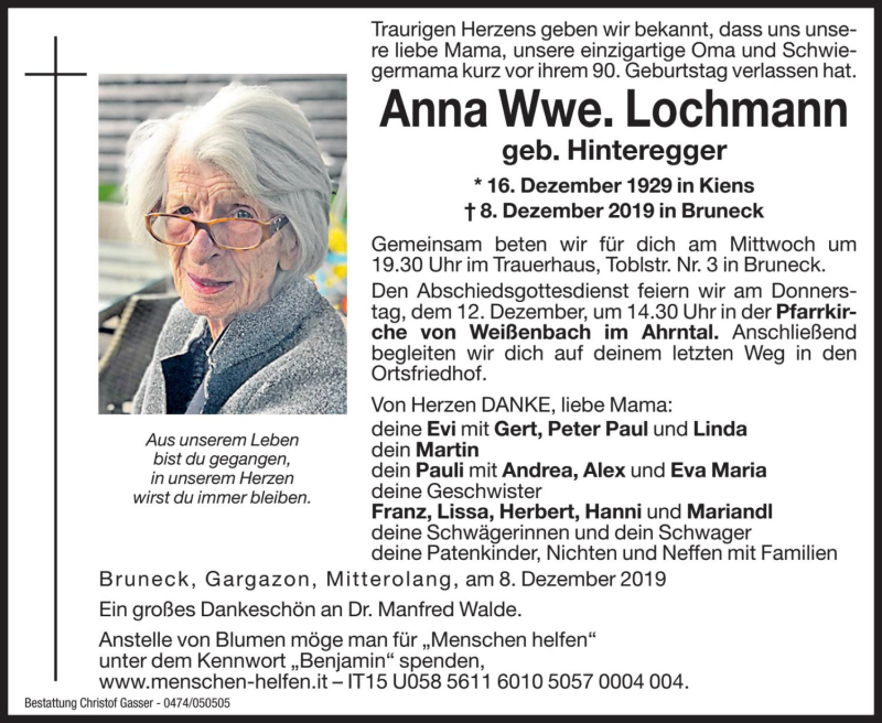  Traueranzeige für Anna Lochmann vom 11.12.2019 aus Dolomiten