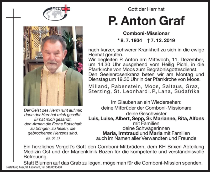  Traueranzeige für Anton Graf vom 09.12.2019 aus Dolomiten