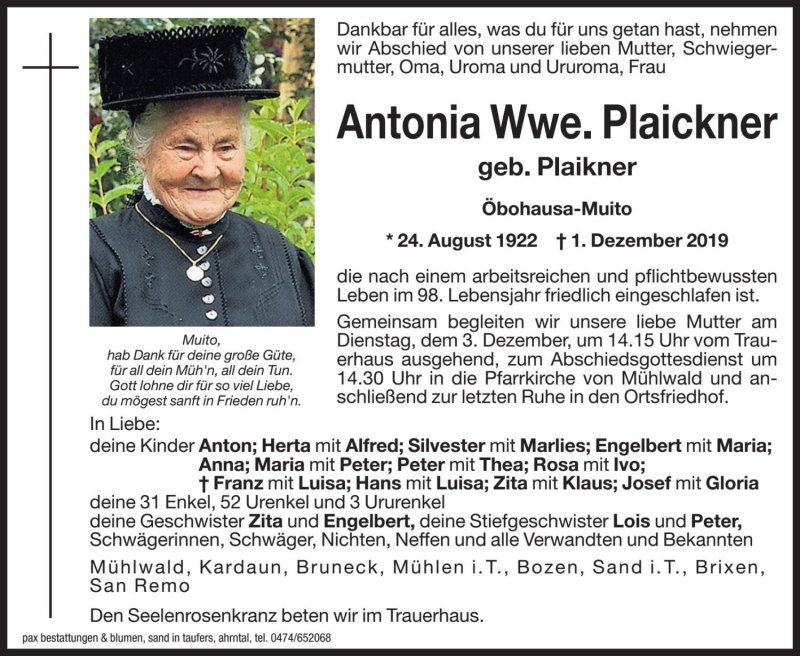  Traueranzeige für Antonia Plaickner vom 02.12.2019 aus Dolomiten
