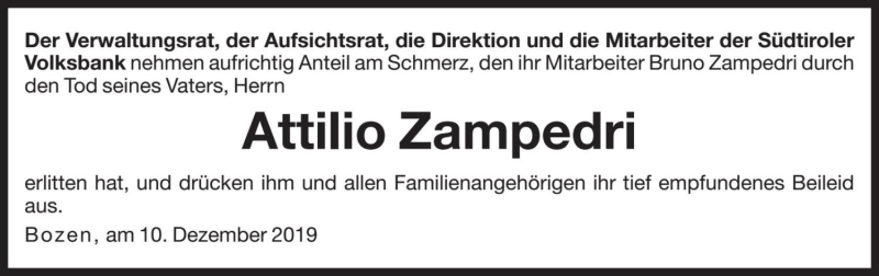  Traueranzeige für Attilio Zampedri vom 13.12.2019 aus Dolomiten