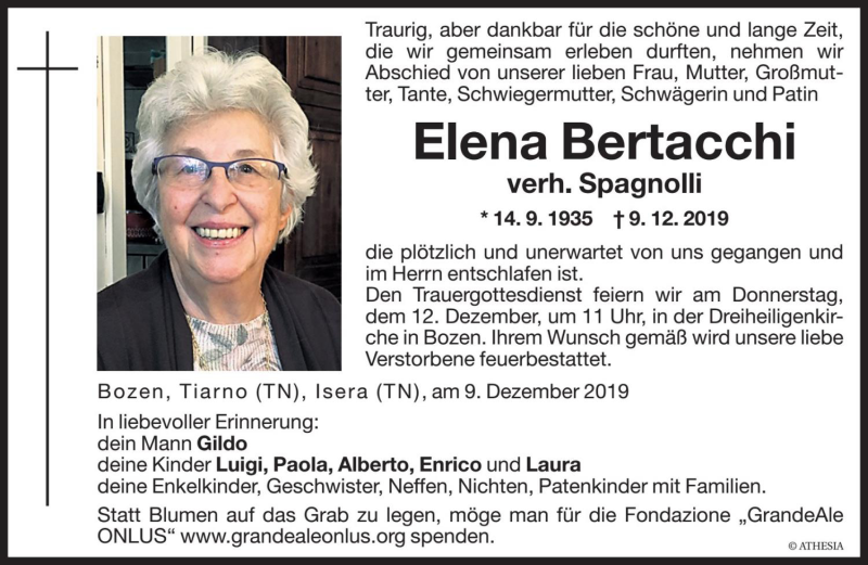  Traueranzeige für Elena Spagnolli vom 11.12.2019 aus Dolomiten