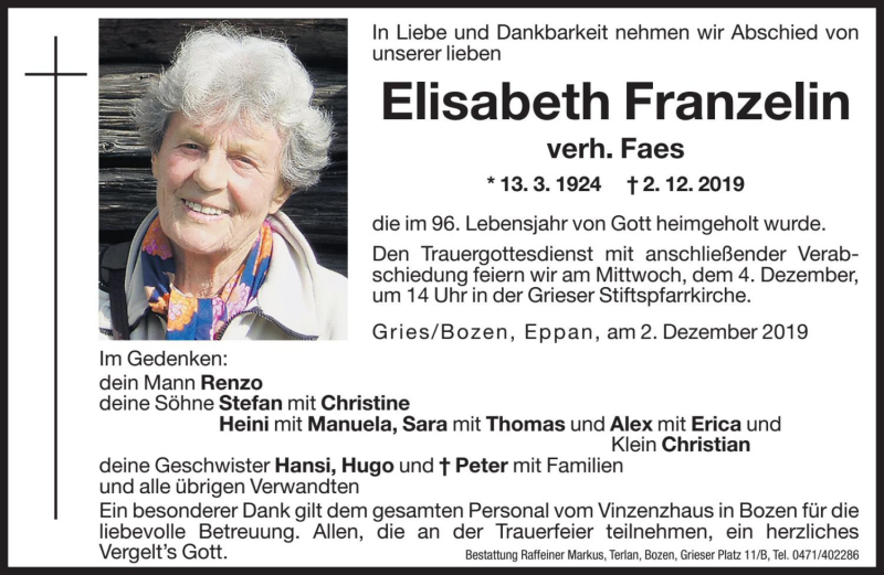  Traueranzeige für Elisabeth Faes vom 03.12.2019 aus Dolomiten