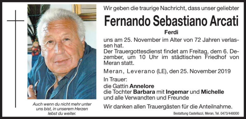  Traueranzeige für Fernando Sebastiano Arcati vom 03.12.2019 aus Dolomiten
