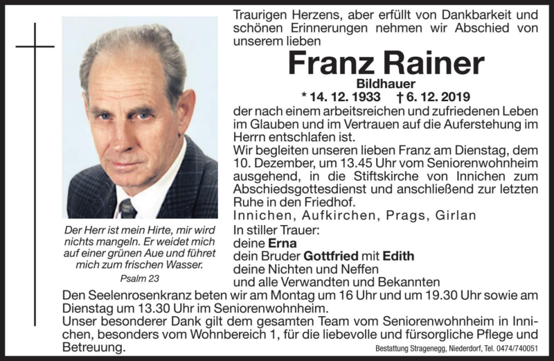  Traueranzeige für Franz Rainer vom 09.12.2019 aus Dolomiten