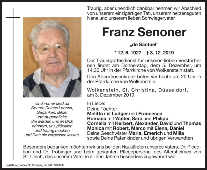  Traueranzeige für Franz Senoner vom 04.12.2019 aus Dolomiten