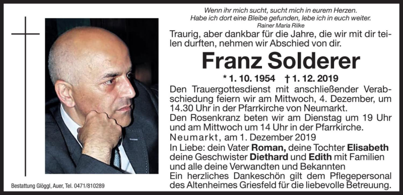  Traueranzeige für Franz Solderer  vom 03.12.2019 aus Dolomiten