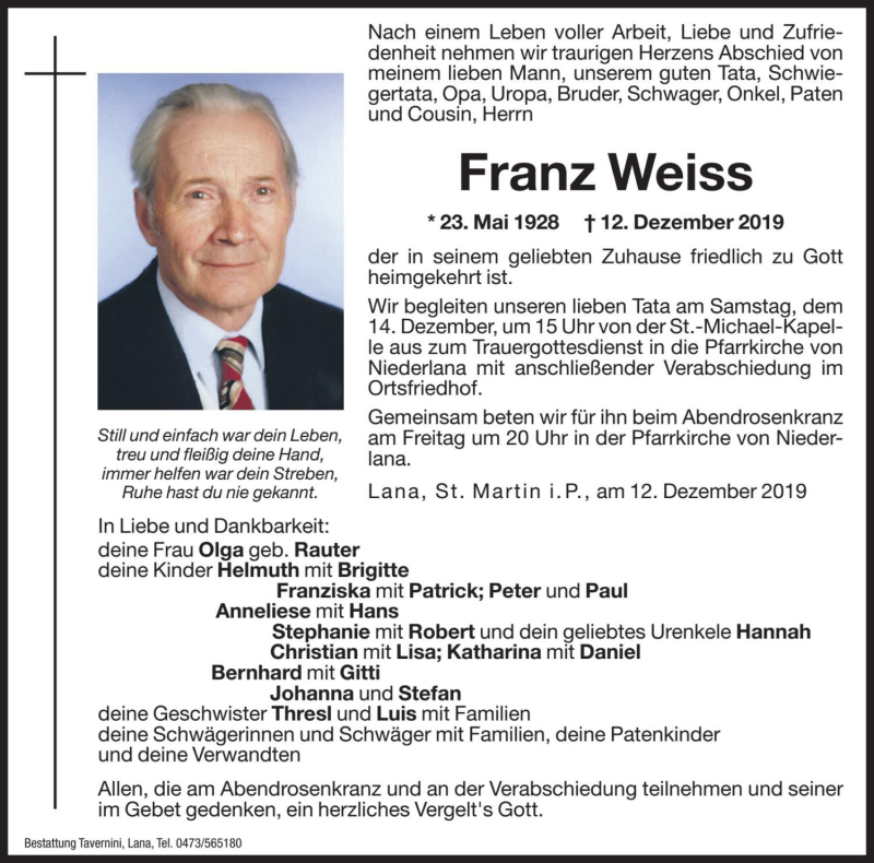  Traueranzeige für Franz Weiss vom 13.12.2019 aus Dolomiten