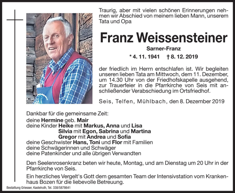  Traueranzeige für Franz Weissensteiner vom 09.12.2019 aus Dolomiten