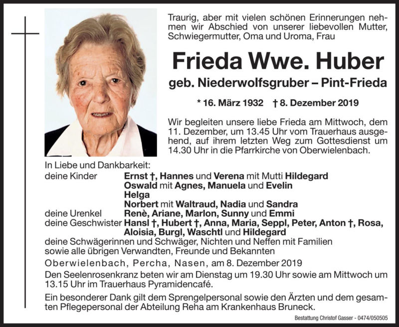  Traueranzeige für Frieda Huber vom 10.12.2019 aus Dolomiten
