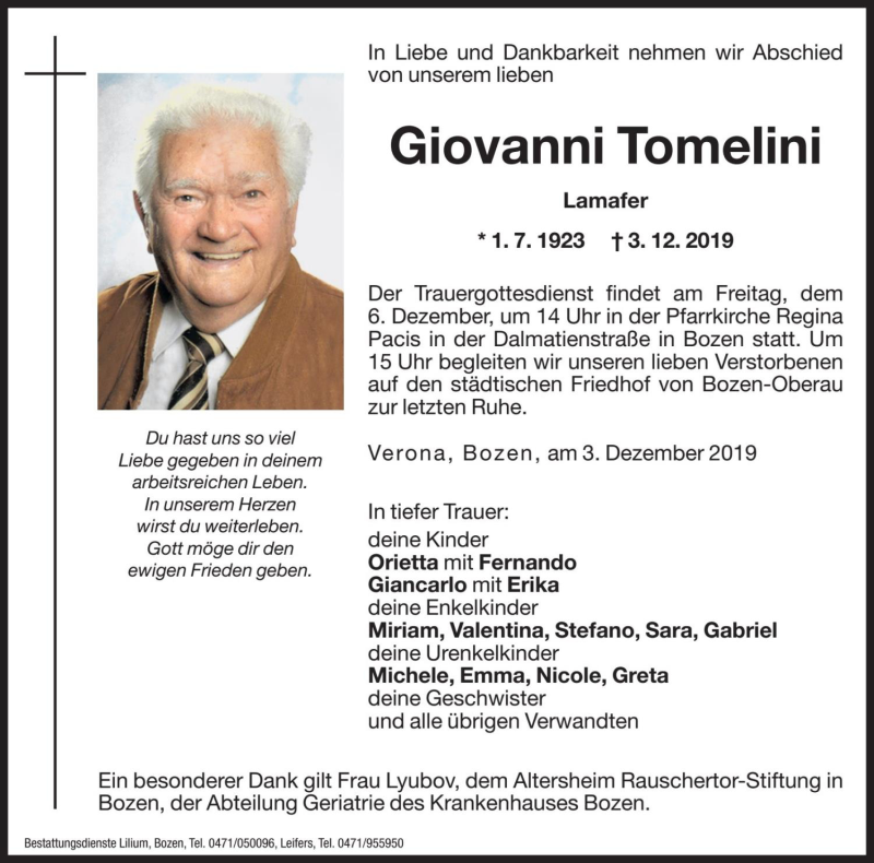  Traueranzeige für Giovanni Tomelini vom 04.12.2019 aus Dolomiten
