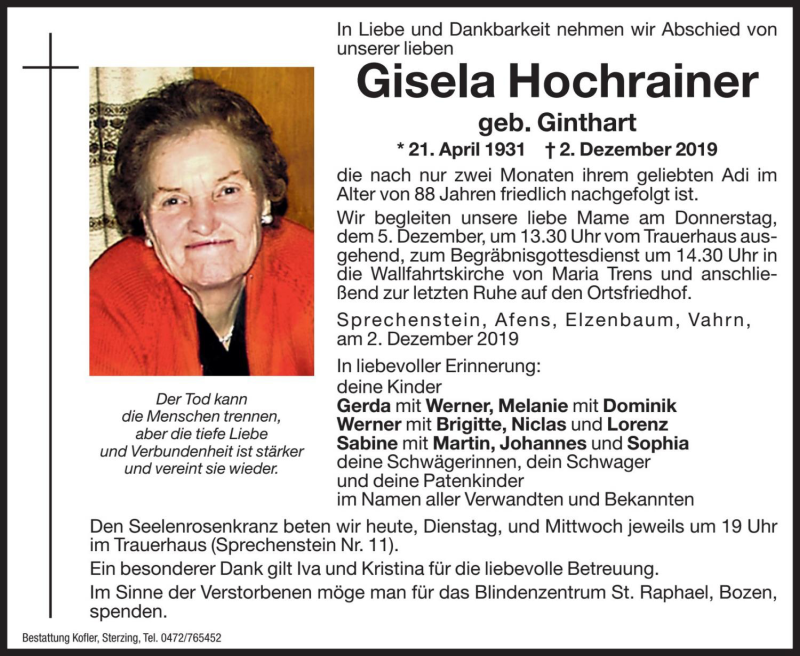  Traueranzeige für Gisela Hochrainer vom 03.12.2019 aus Dolomiten