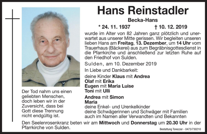  Traueranzeige für Hans Reinstadler vom 11.12.2019 aus Dolomiten