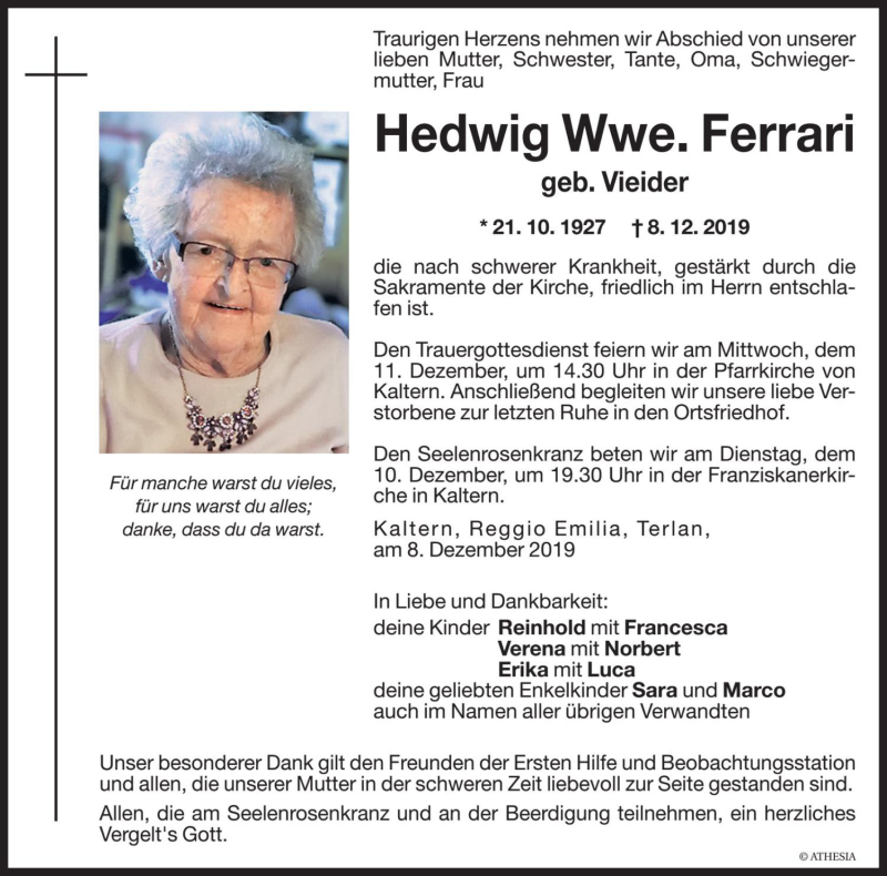  Traueranzeige für Hedwig Ferrari vom 09.12.2019 aus Dolomiten