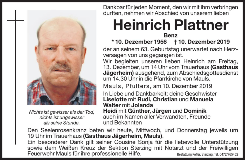  Traueranzeige für Heinrichh Plattner vom 11.12.2019 aus Dolomiten